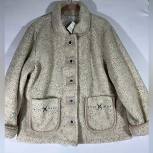 Cozy Sherpa Reversible Jacket W/Corduroy Trim Womens Petite LG Cream & Tan NEW